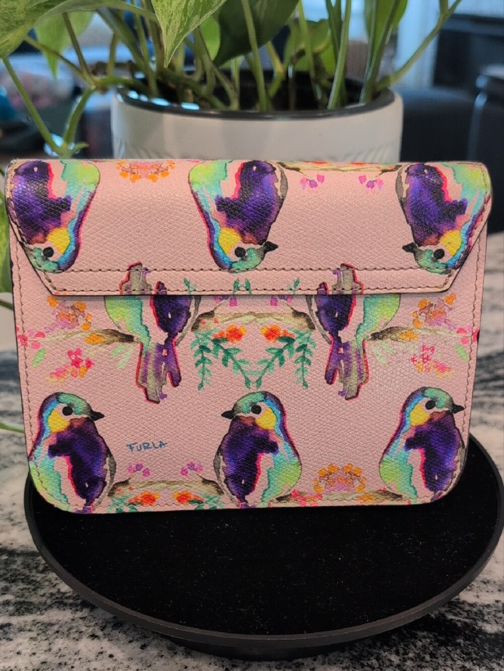 Furla Pink Watercolor Bird Mini Crossbody with Gold Chain - Picture 11 of 11